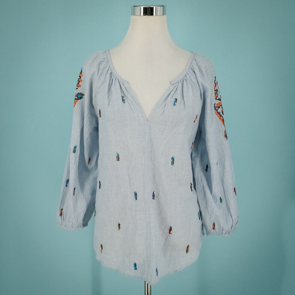 Velvet Graham Spencer Size Small Stripe Boho Embroidered Beaded Cotton Blue Top